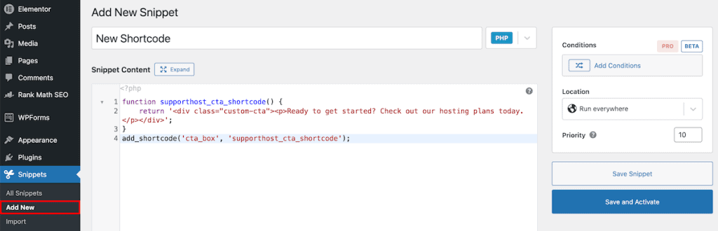 Wordpress Shortcodes Add Code Snippet