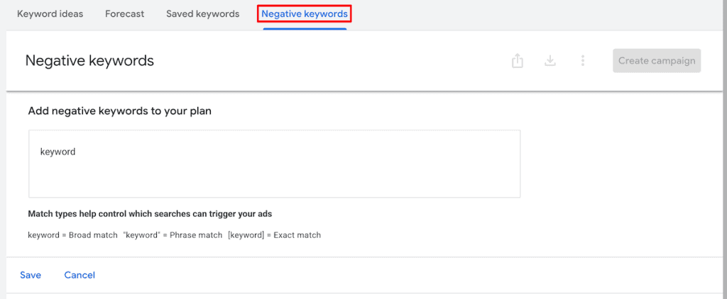 Google Keyword Planner Negative Keywords