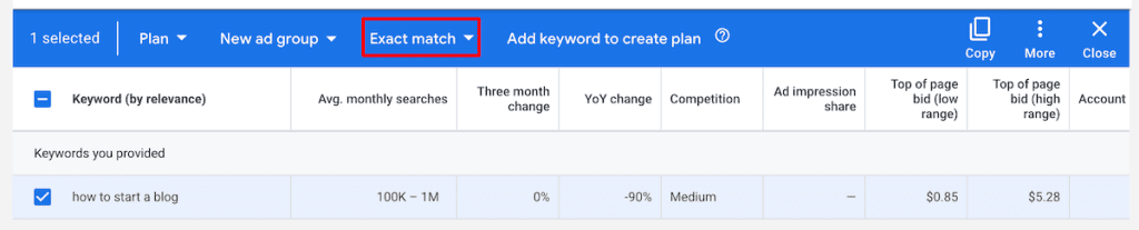 Google Keyword Planner Select Exact Match Keyword
