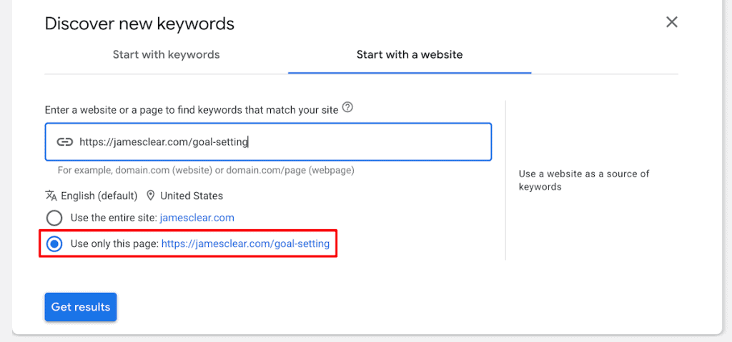 Google Keyword Planner Single Page Keywords