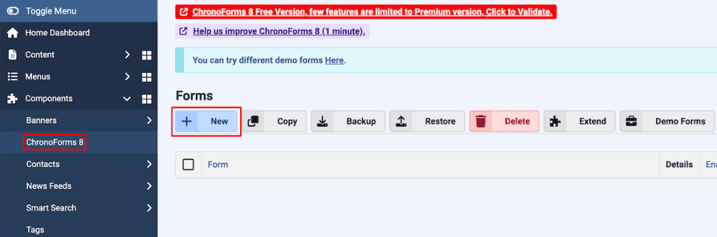 Joomla Contact Form Add New Form