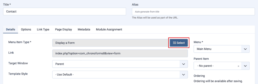 Joomla Contact Form Chronoforms Select Menu Item Type