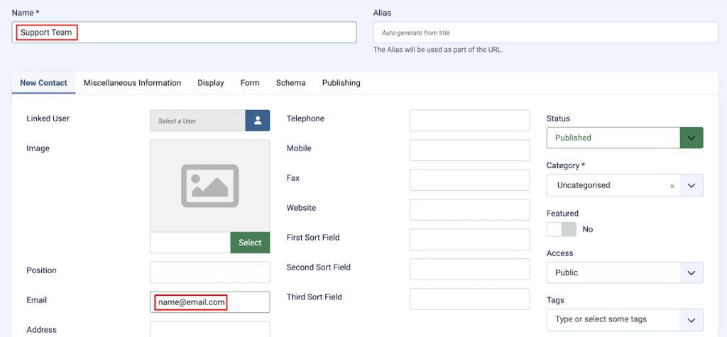 Joomla Contact Form Create New Contact