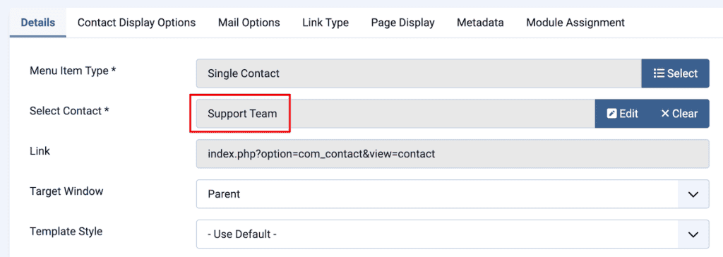 Joomla Contact Form Select Contact