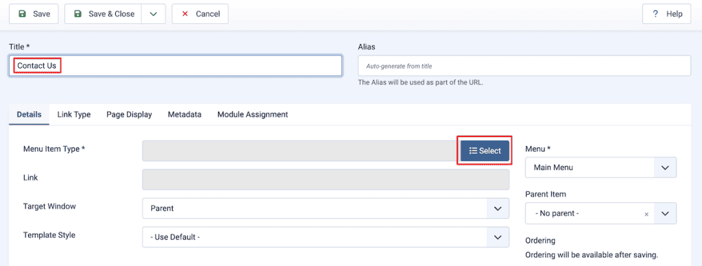 Joomla Contact Form Select Menu Type