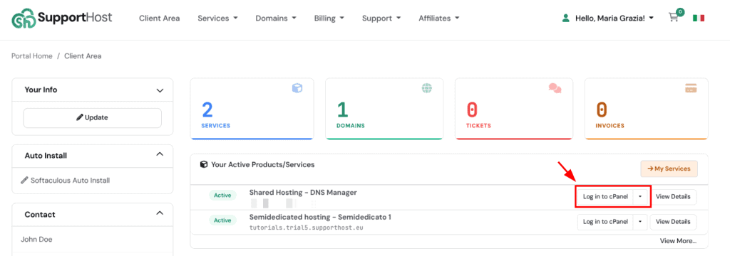 Example Screenshot Client Area Supporthost