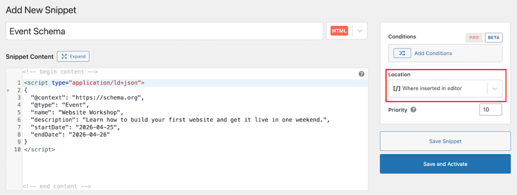Schema Markup WordPress Add Code Snippet