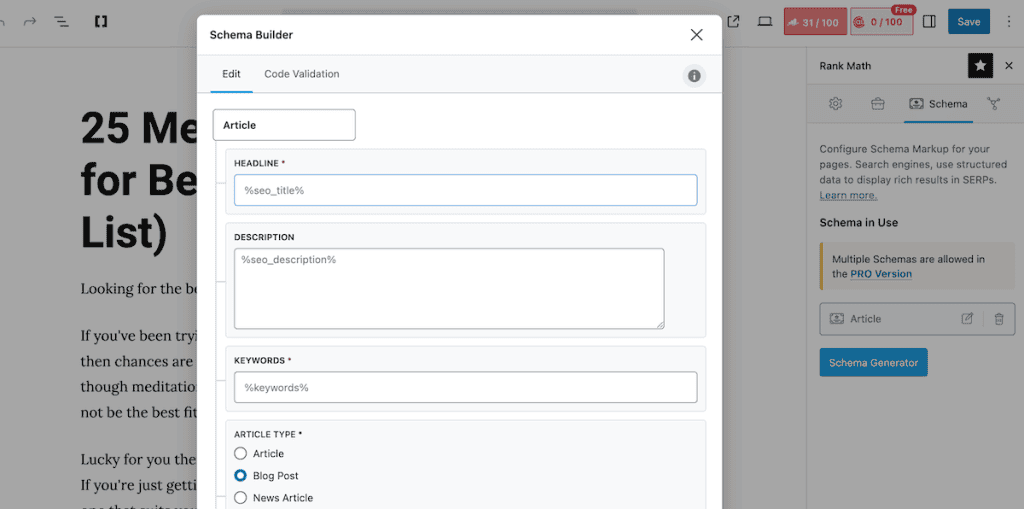 Schema Markup WordPress Rank Math Individual Page Post