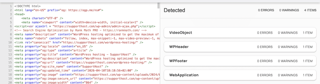 Schema Markup WordPress Schema Test Result
