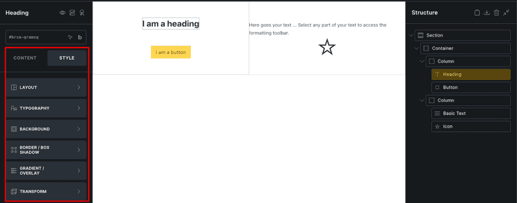 Bricks Builder Customize Content Style Tabs