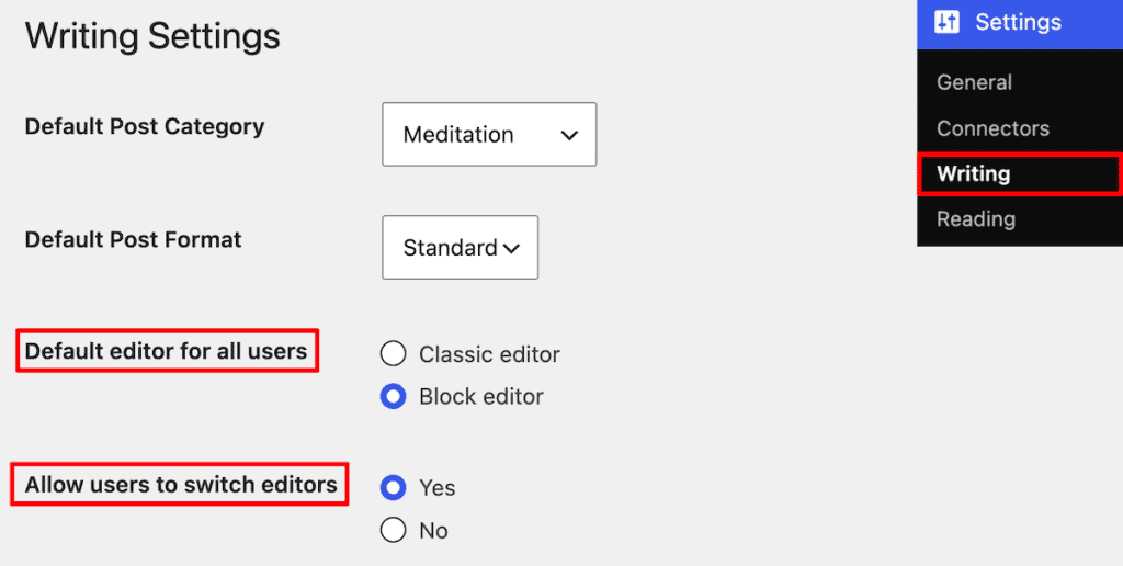 Classic To Block Editor WordPress Change Writing Settings