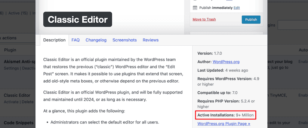 Classic To Block Editor WordPress Classic Editor Plugin Installation Numbers