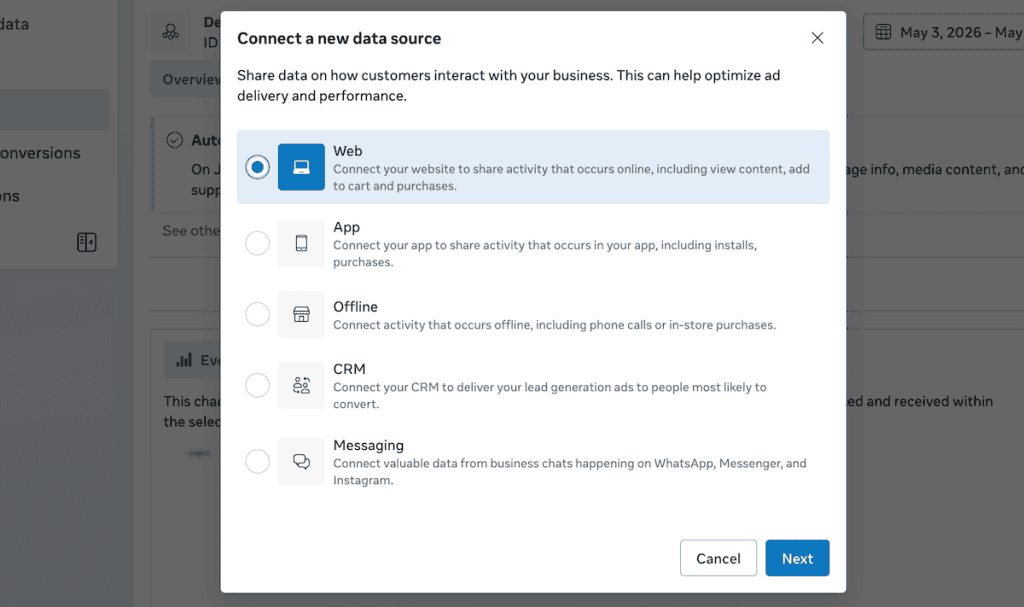 Facebook Pixel WordPress Connect New Data Source