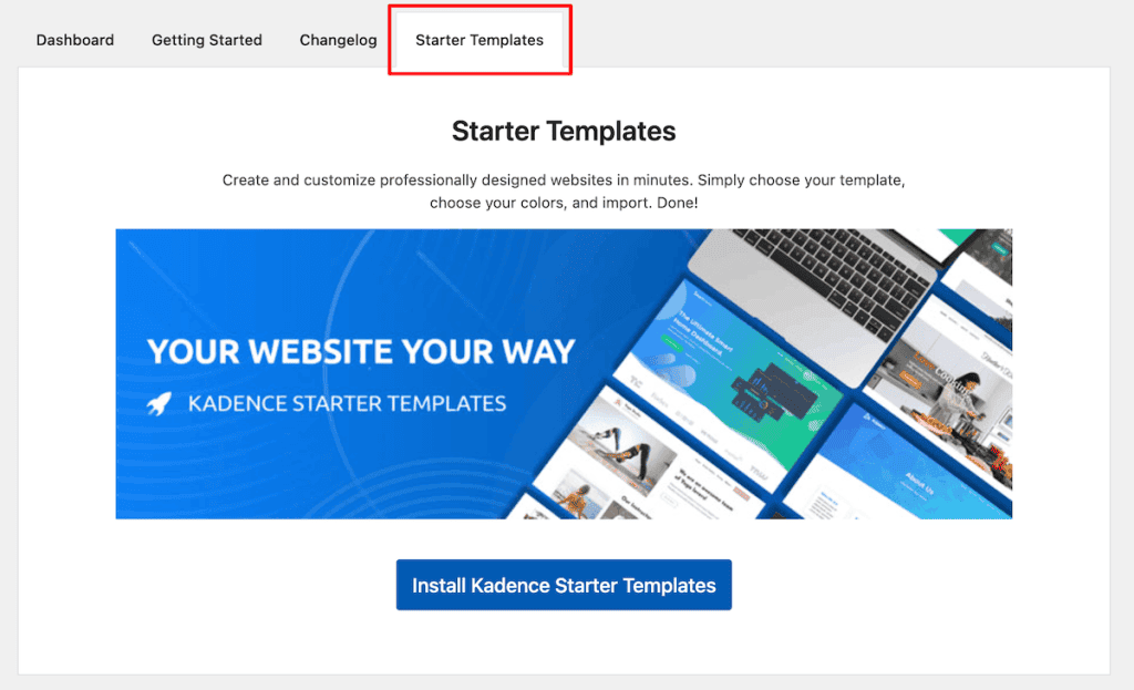 Kadence Theme Install Starter Templates