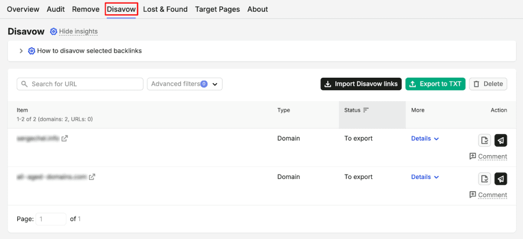 Disavow Links Semrush Click Disavow Tab