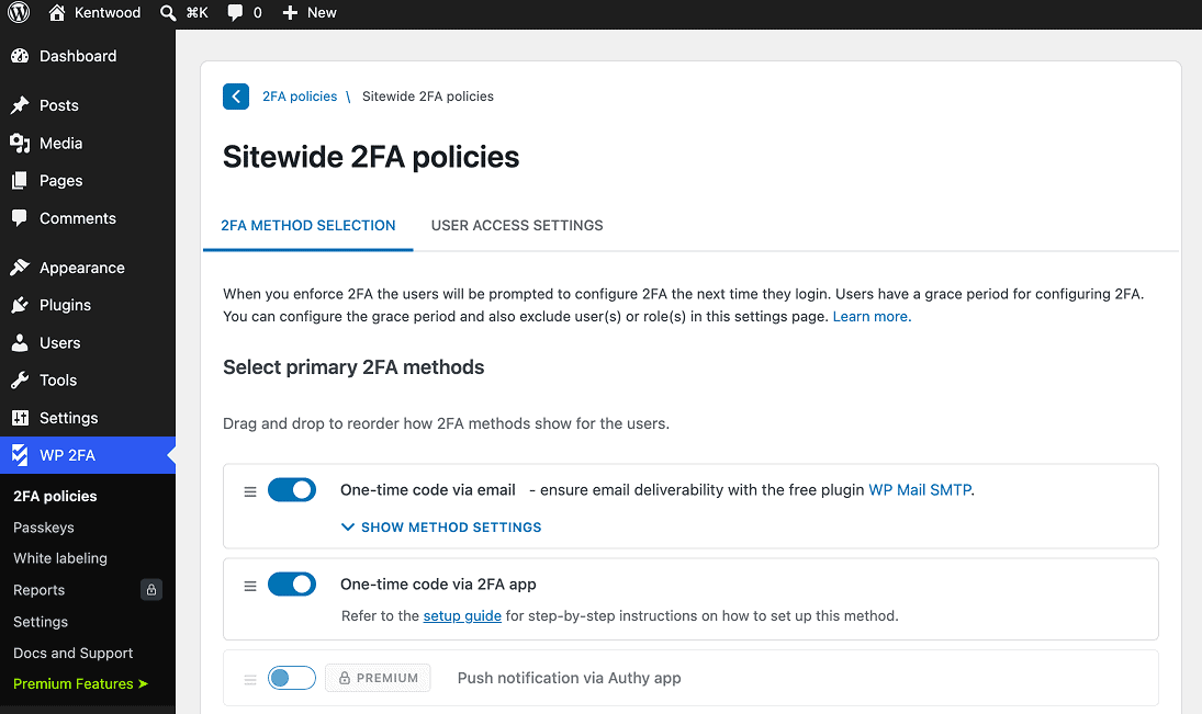 2fa Policies Settings
