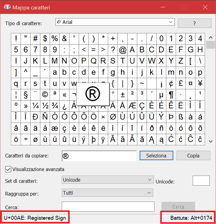 Mappa Caratteri Codice Unicode